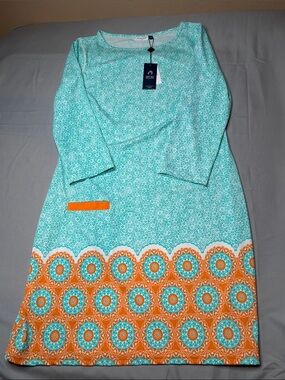 Cabana Life Teal White Orange Shift Dress UPF 50+ Size Small